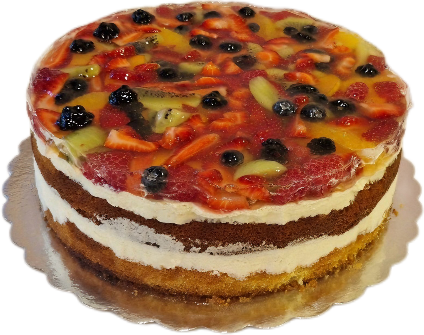 Плодова торта (пухкав пандишпан, млечна и заквасена сметана, бял шоколад, плодове)